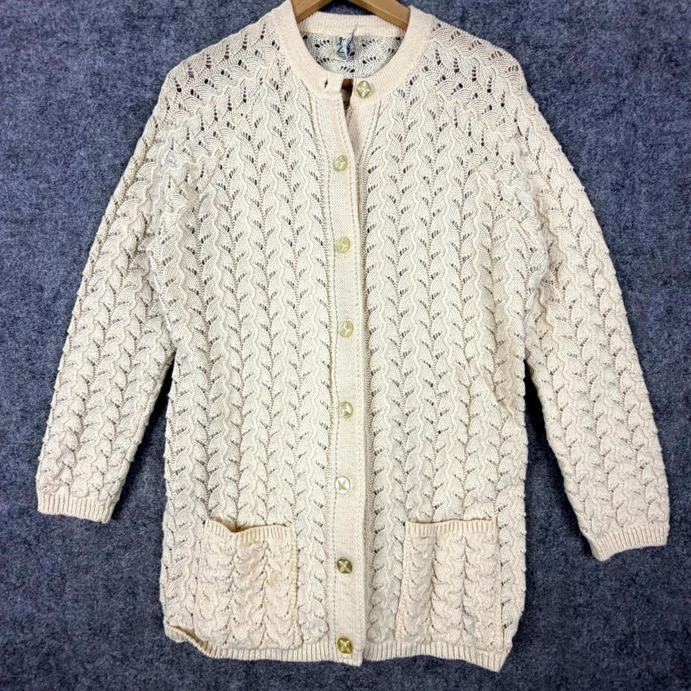 Vintage Azure Cardigan Sweater Womens Ivory Cable Knitted Button Front‎ Long